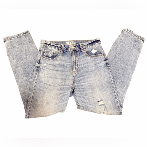 Daze Tough Love High Waisted Distressed Straight Leg Blue Jeans - Picture 4 of 5